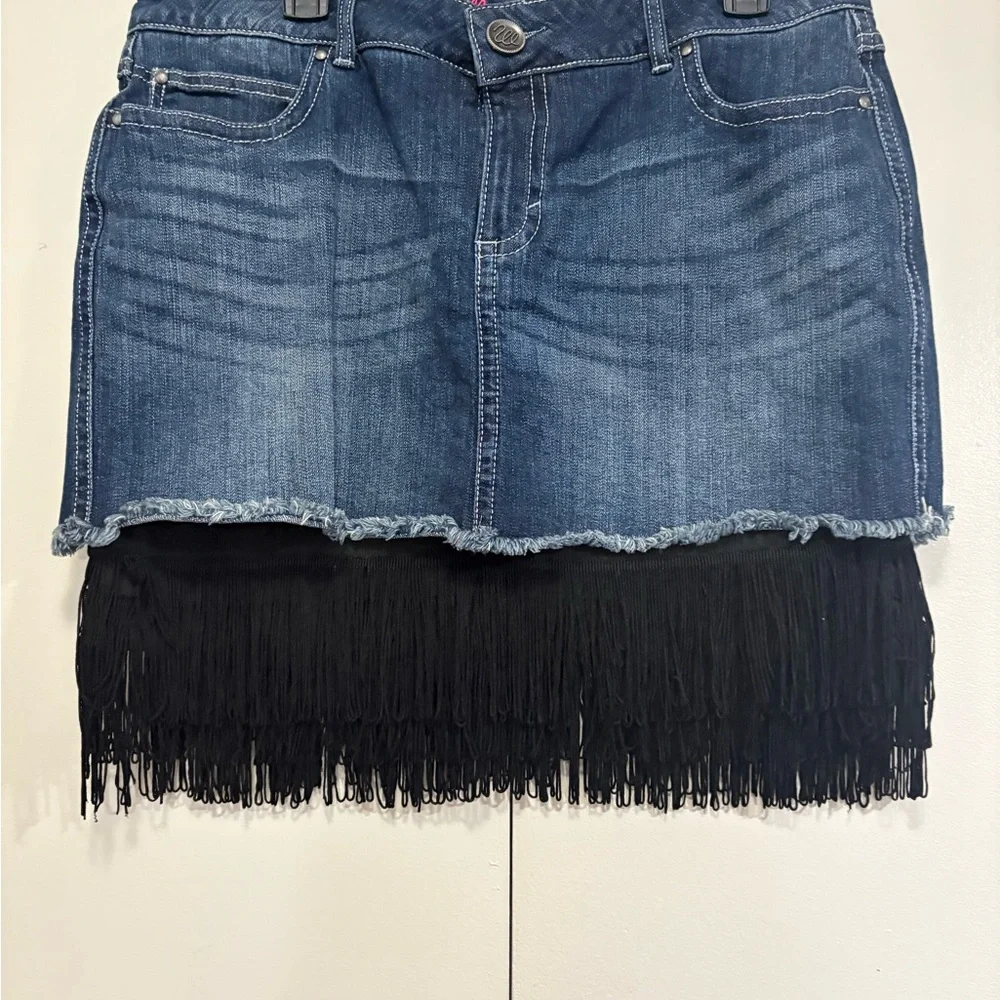 Wrangler Blue Denim Skirt with Black Fringe - Picture 1 of 10